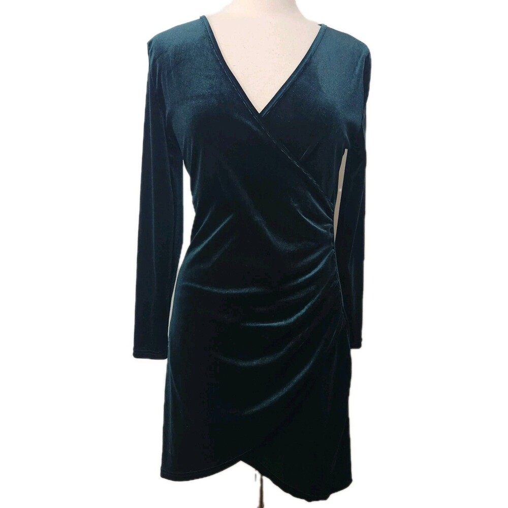 JECEIKA Dress L Dark Green Velour Stretch Bodycon Side Ruched Long Sleeve PARTY
